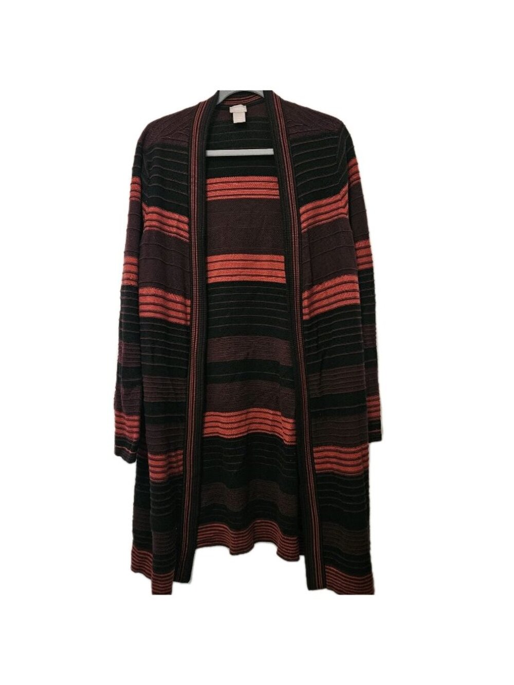 Chico's Burgundy Striped Open Front Long Sweater Cardigan 2 US 12